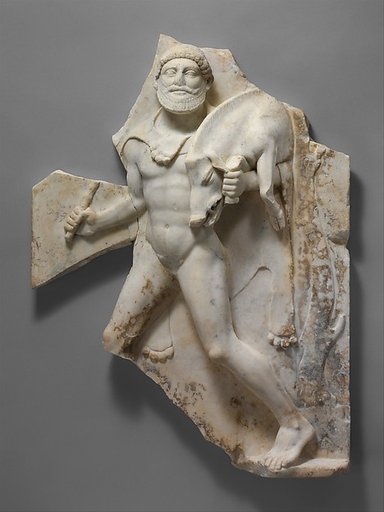 Marble relief with Herakles carrying the Erymanthian Boar
