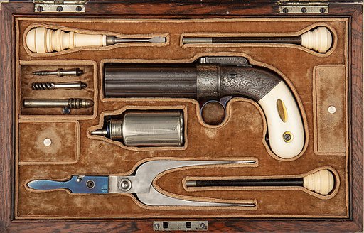 Cased Six-Barreled Revolving Percussion Pistol ("Pepperbox")