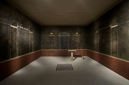 Wall painting on black ground: fragment of support/entablature, from the imperial villa at Boscotrecase