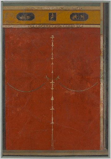 Wall painting on red ground: candelabrum with frieze, from the imperial villa at Boscotrecase