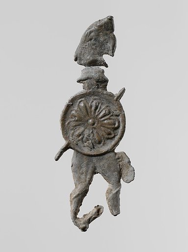 Lead figure of a warrior with a helmet and shield