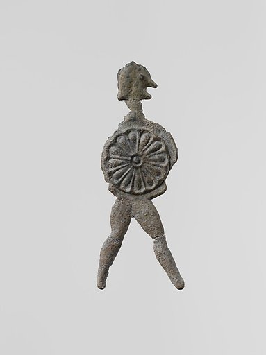 Lead figure of a warrior with a helmet and shield