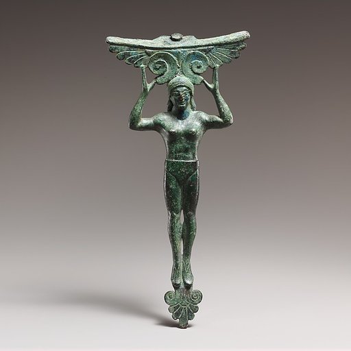 Bronze patera handle in the form of a young woman