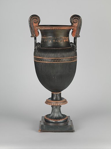 Pair of terracotta volute-kraters (vases for mixing wine and water) with stands