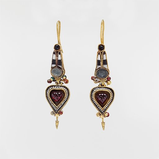 Pair of gold earrings with an Egyptian Atef crown set with stones and glass