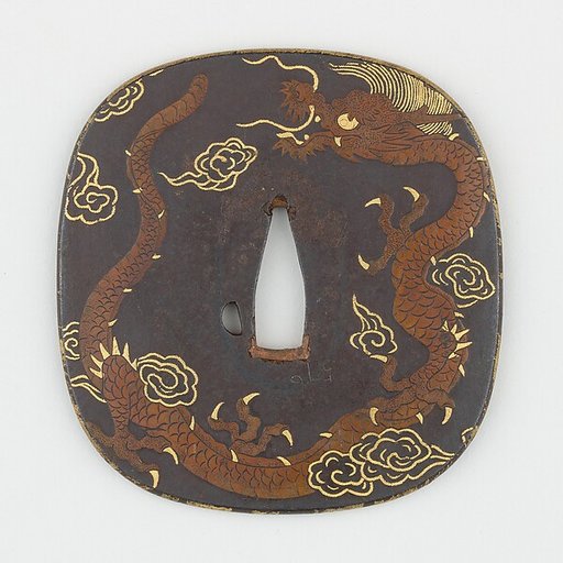 Sword Guard (<i>Tsuba</i>) Depicting Dragon and Paulownia Leaves With Tendrils (龍と桐唐草図鐔)