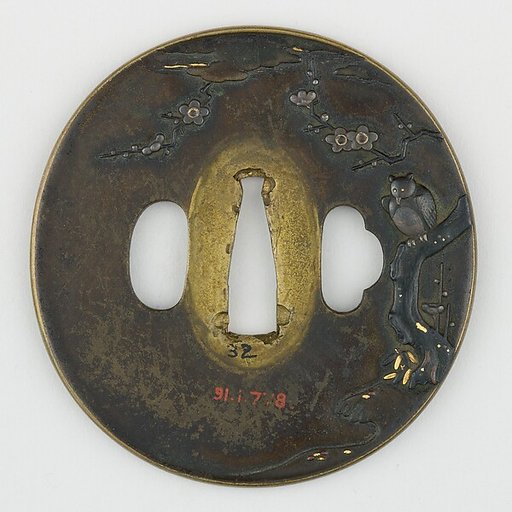 Sword Guard (<i>Tsuba</i>) Depicting Horned Owl in Plum Tree (梅樹に木菟図鐔)