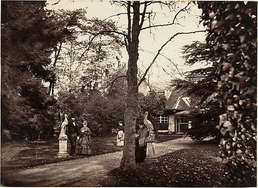 [Autumn Scene with People on Lawn near Cottage]