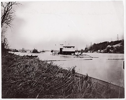 Ironclad fleet on James River below Rebel "Howlett House Battery"