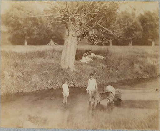 [Three Children and a Dog Playing in the Creek, July 4, 1883]