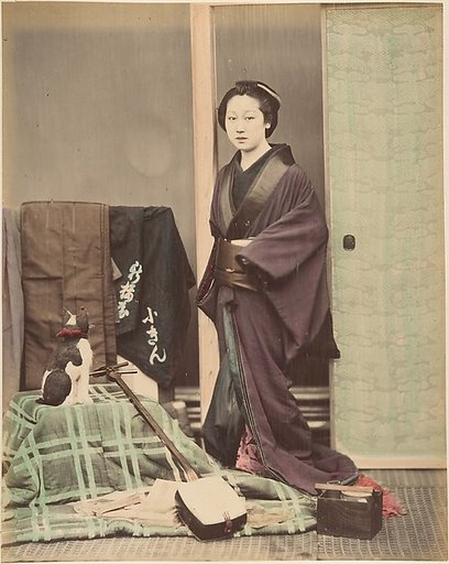 [Japanese Woman in Traditional Dress Posing with Cat and Instrument]