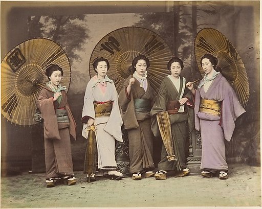[Five Japanese Women in Traditional Dress with Parasols]