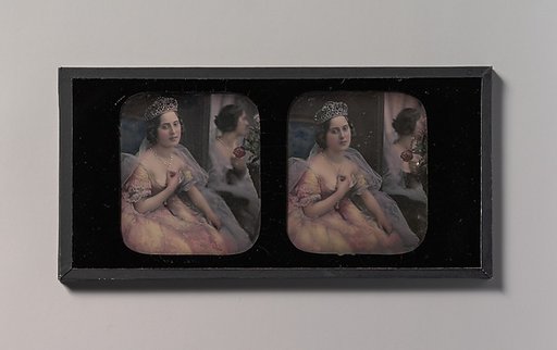 [Stereograph of a Woman Wearing a Tiara and Tulle and Lace Dress, Seated Before a Mirror]