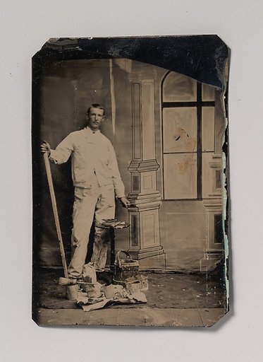 [Painter, Standing in Front of a Painted Window Backdrop, with Brushes, Bucket, and Paint Cans]