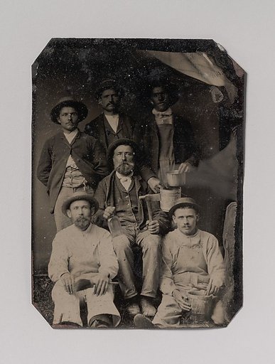 [Six Workmen Holding Various Trade Tools: Paint Brushes, Bucket, Glass Bottle, and Hatchet]