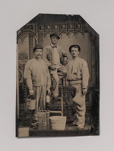 [Three Painters, Arranged On and Around a Ladder, with Brushes, Bucket, and Paint Can]