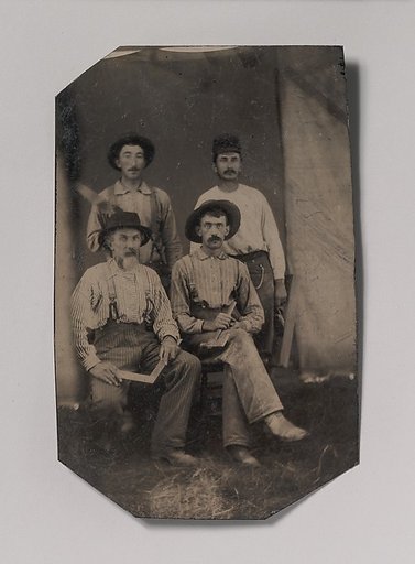 [Four Workmen Holding Different Tools: Square, Hatchet, Wood Plane, and Trowel]