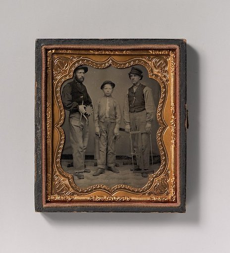 [Two Men and a Boy with Outside Calipers, Backsaw, Square, and Frame Saw]