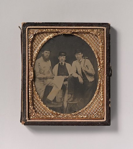 [Three Carpenters, Standing, Holding a Ruler, Hammer, and Sheet of Paper]