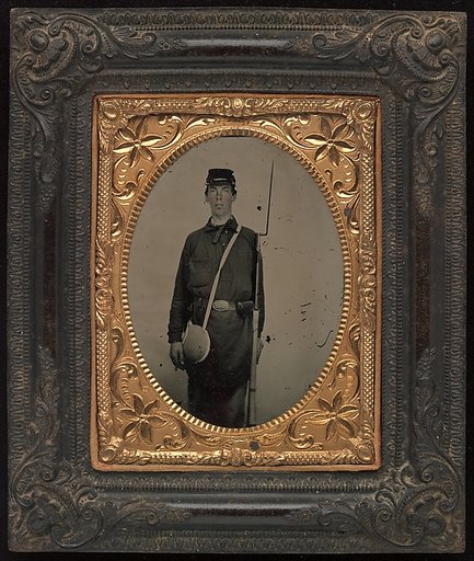 [Civil War Union Soldier with Rifle and Canteen, in Studio]