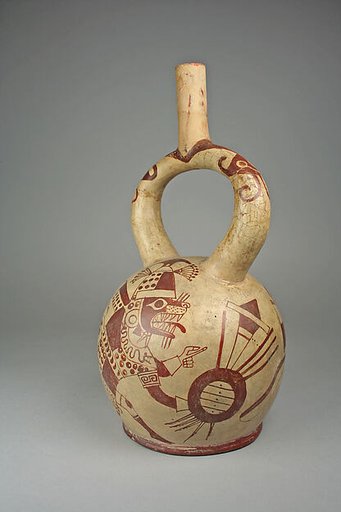 Stirrup spout bottle with fox warrior figure