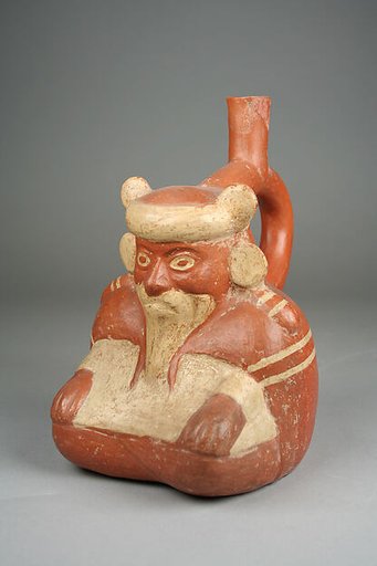 Stirrup spout bottle with sitting figure