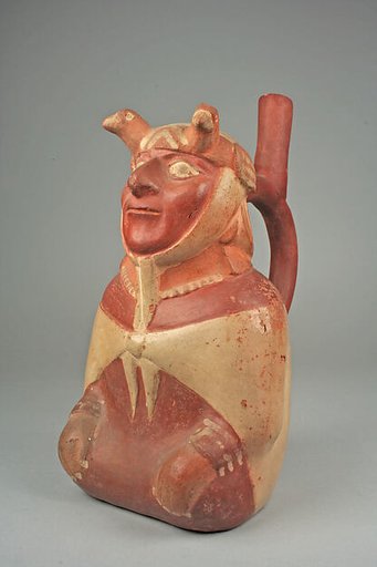 Stirrup spout bottle with dignitary figure