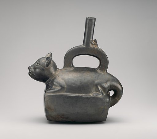 Stirrup-spout bottle with feline