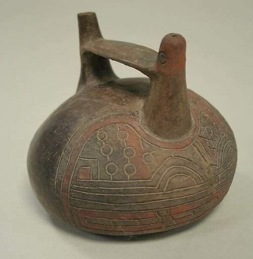 Double Spout and Bridge Bottle with Feline and Bird