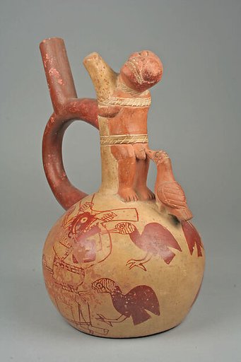 Stirrup Spout Bottle with Nude Man and Bird