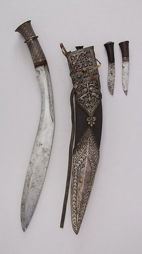 Knife (Kukri) with Sheath, Two Small Knives and Pouch