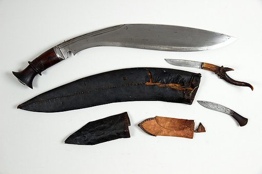 Knife (Kukri) with Sheath and Pouch with Two Small Knives