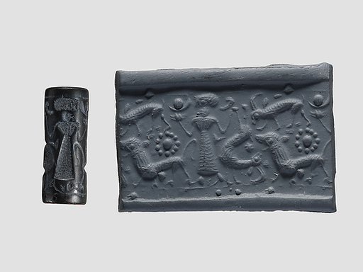Cylinder seal and modern impression: female figure, ibex, lion