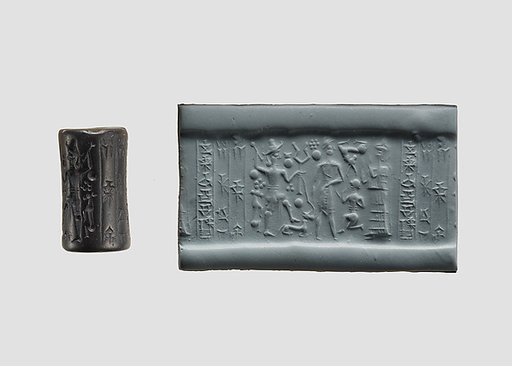 Cylinder seal and modern impression: god with mace and suppliant goddess
