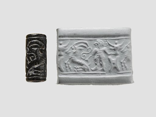 Cylinder seal and modern impression: man grasping an antelope, bull's head over ingot