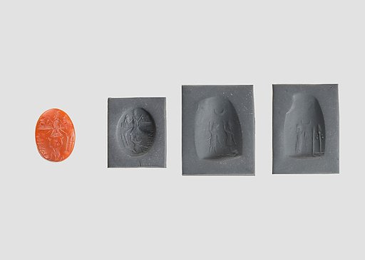 Stamp seal (oval conoid) with cultic scene, deities, and demons