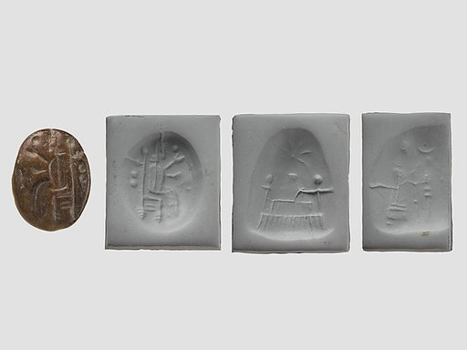 Stamp seal (oval conoid) with cultic scene, deity, and divine symbols