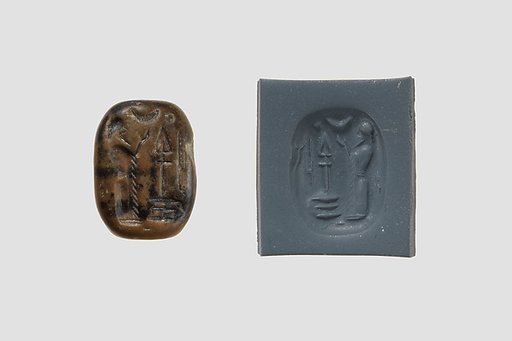 Stamp seal (octagonal pyramid, worn) with cultic scene