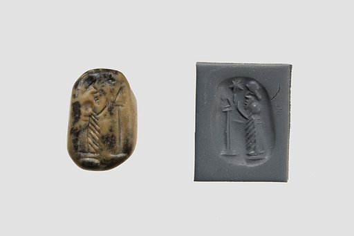 Stamp seal (octagonal pyramid, worn) with cultic scene