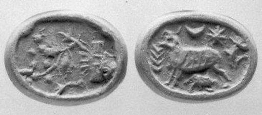 Stamp seal (bifacial disk) with animals and divine symbols