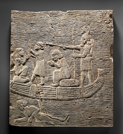 Relief fragment: Assyrian soldier conducting captives across the water