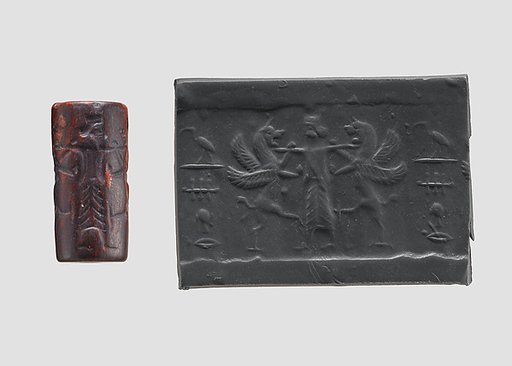 Cylinder seal and modern impression: king holding two lion griffins at bay