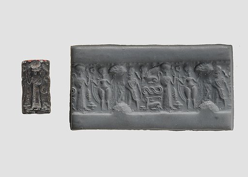 Cylinder seal and modern impression: nude goddess faces a male figure; worshiper