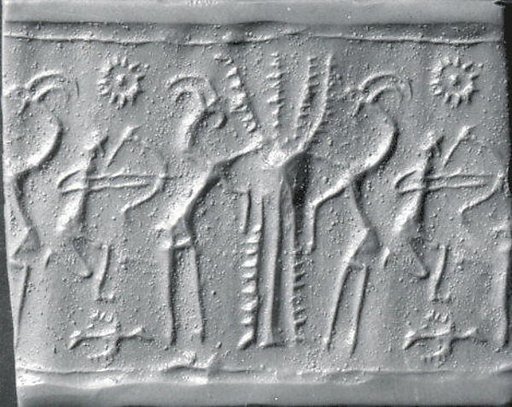 Cylinder seal and modern impression: kneeling archer and goats flanking tree