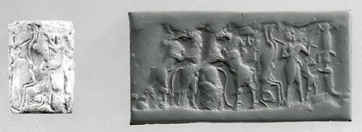 Cylinder seal and modern impression: bull-man, bearded hero, and lion contest frieze