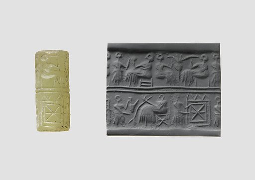 Cylinder seal and modern impression: banquet scene with seated figures drinking a liquid through straws