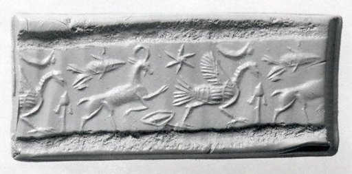Cylinder seal (with caps preserved) with animals and divine symbols
