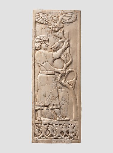 Panel with a youth grasping a tree; winged sun disc above