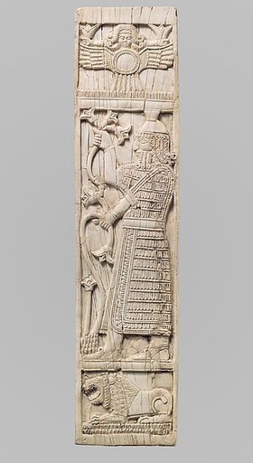 Furniture plaque carved in relief with warrior holding lotuses