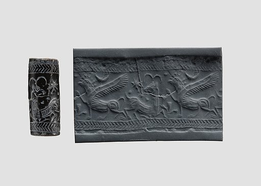 Cylinder seal (with pin preserved) with animal-monster contest scene